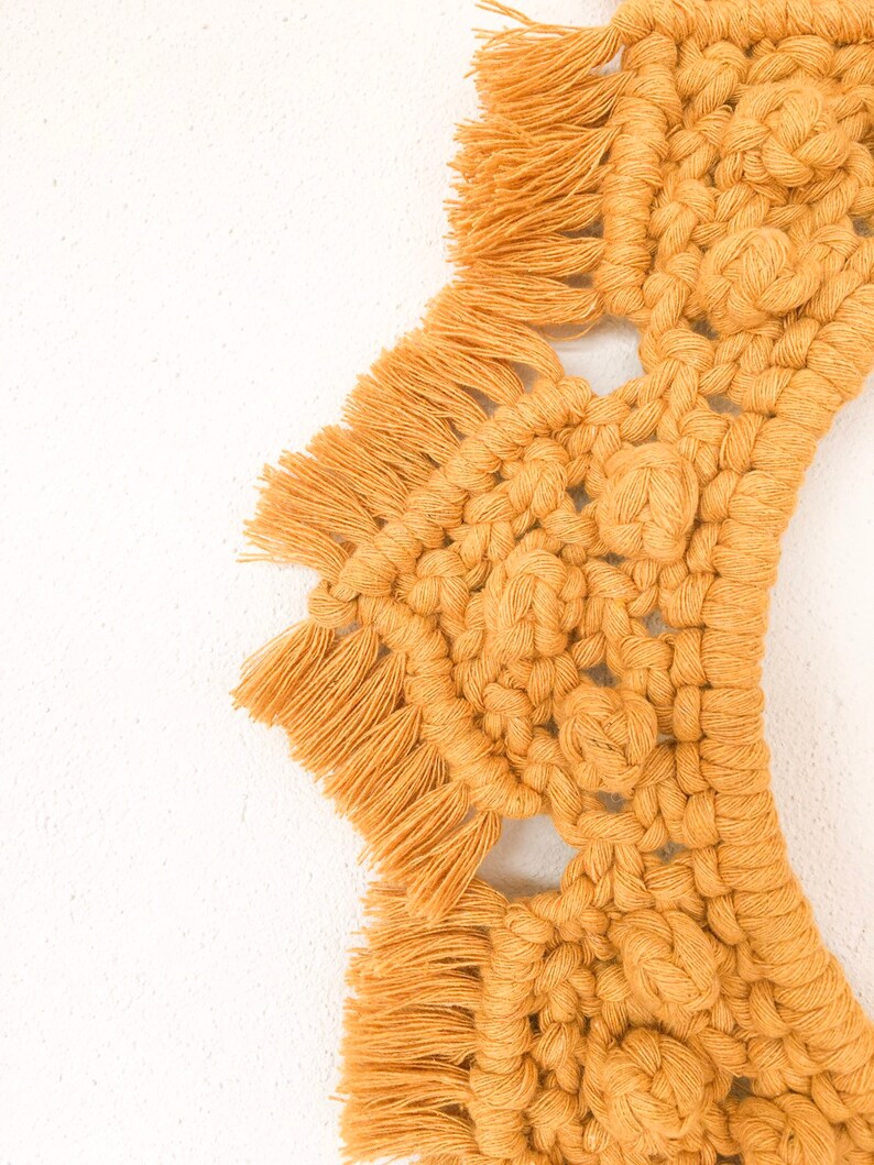 Yellow Mustard Colored Circular Macrame Wall Hanging on a Etsy
