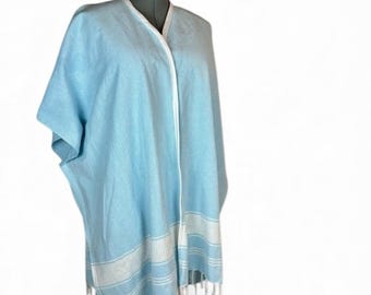 Light Blue Kimono with White Fringe Hand Crafted