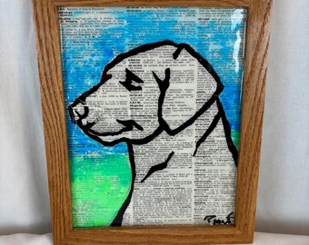 Original Labrador Dog Portrait Mixed Media Dictionary Page Art Framed 8x10