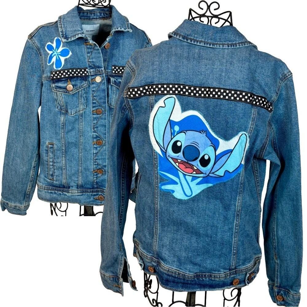 Old Navy Blue Denim Jacket with Hand Crafted Lilo & Stitch Appliqué Girls 8-10