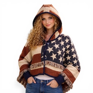 Womens 1X Americana Stars and Stripes Hooded Bog Red Navy Cream Cropped Jacket