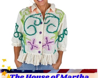 Vintage XXL Floral Tufted Chenille Peplum Top Cream Purple Green Cottagecore