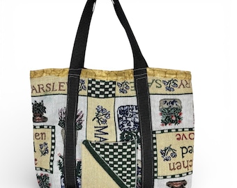 Tapestry Tote Bag Garden Herbs Floral Print Green Velvet Pocket | Handmade |