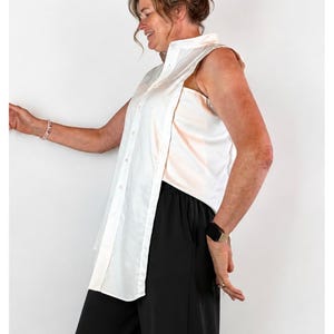 Avant-Garde White Sleeveless Tunic Button Down Shirt with Side Cutouts Womens