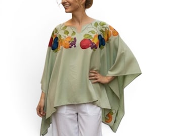 Sage Green Hand Painted Fruit Kaftan Top Notched V-Neck OS Vintage Handmade