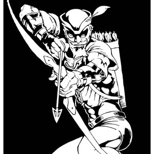 Könnte beinhalten: Schwarz-weiß-Illustration eines Superhelden mit grüner Kapuze, der einen Bogen und Pfeil hält. Der Superheld trägt ein grünes und braunes Kostüm und hat einen Bart.