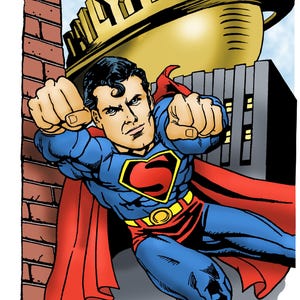 May include: Comic book illustration of Superman in a dynamic pose, wearing his iconic blue suit with a red cape and the 'S' emblem. The background includes a brick wall, the Daily Planet globe, and a cityscape.
