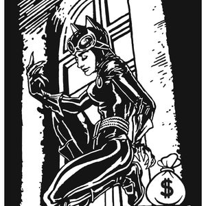 May include: Black and white illustration of a character in a catsuit, perched near a window. The character wears a mask with goggles and cat ears. A money bag with a dollar sign sits nearby. The artist's name, Melonas, is at the bottom.