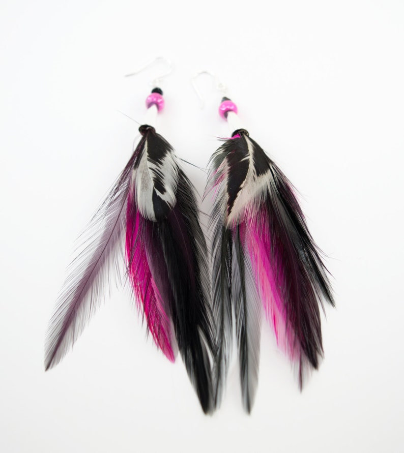 Pink Feather Earrings Pink and Black Long Feather Earrings Etsy