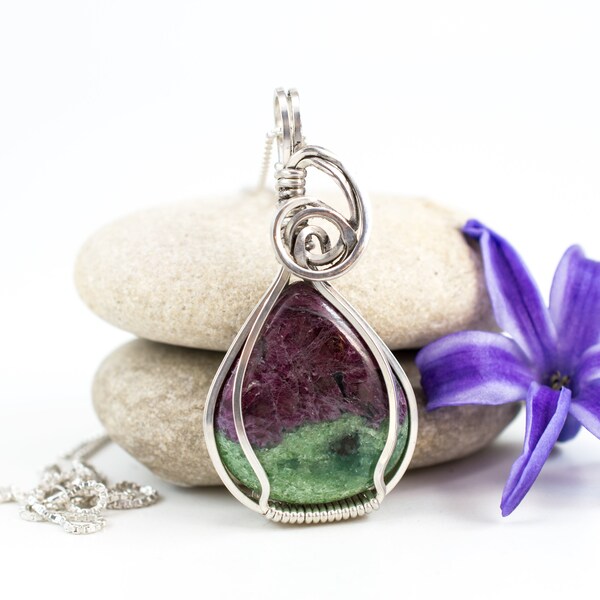 Ruby Zoisite Pendant - Sterling Wire Wrapped Ruby Zoisite - Wire Wrapped Pendant - Argentium Sterling Necklace