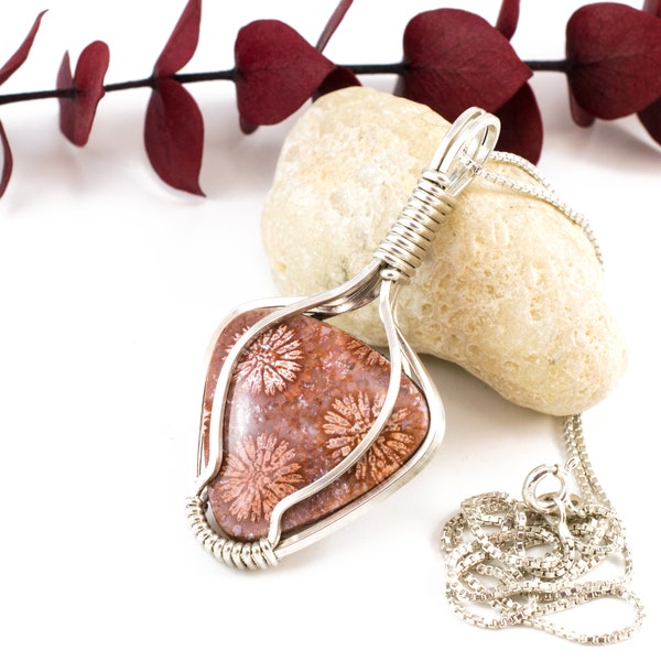 Fossil Coral Pendant - Reversible Wire Wrapped Pendant - Sterling Wire Wrap Jewelry - Fossil Coral Necklace - Wire Wrapped Fossil Coral