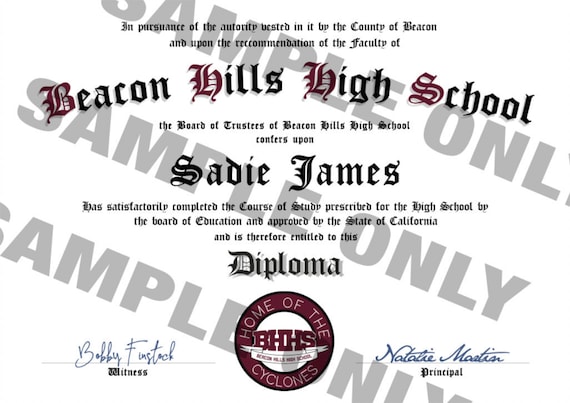 Teen Wolf Beacon Hills High School Graduation Certificate 