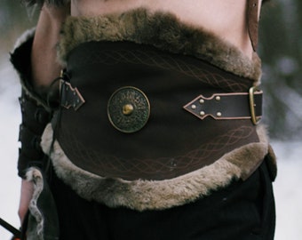 Leather Brown Viking Belt With Leather Skirt Style Viking Barbarian 