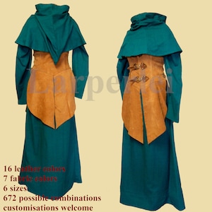 May include: A teal hooded tunic with a brown leather vest and a long skirt. The vest has a pointed bottom and buckles. The tunic has long sleeves. 16 leather colours, 7 fabric colours, 6 sizes, 672 possible combinations, customisations welcome.