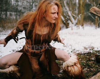 Leather Barbarian Costume: Fur Dress, Bracers & Legwarmers
