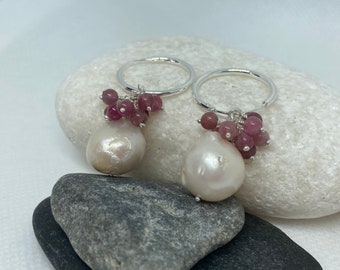 Pearl hoops Pink Tourmaline Cluster Bridal Birthstone Boho Earrings Wedding Handmade