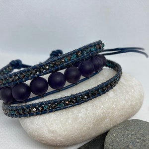 Amethst & Chrystal Leather 3 Wrap  Bracelet : Sterling Silver Button Clasp