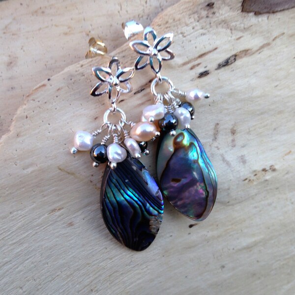 Abalone Shell Cultured Pearl Heamatite  Flower Earrings Silver Earrings Gemstone Cluster Earrings Birthstone Earrings