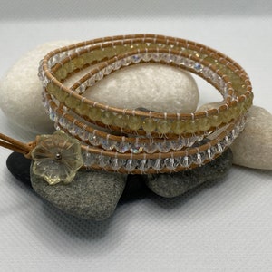 Yellow Apatite/Crystal Leather 3 Wrap  Bracelet : Lemon Quartz Flower Button Clasp