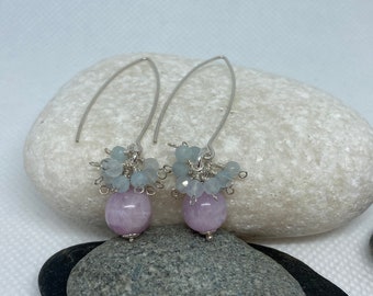 Kunzite Aqua Marine Cluster Silver Marquise Earwire Earrings Handmade Birthstone Boho