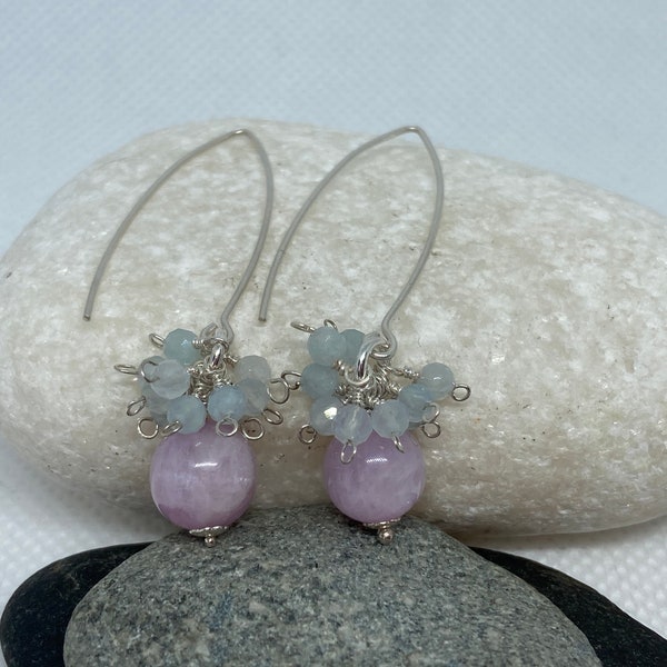 Kunzite Aqua Marine Cluster Silver Marquise Earwire Earrings Handmade Birthstone Boho