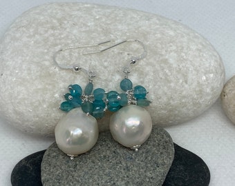 Pearl Neon Apatite Silver Boho Cluster Earrings Birthstone