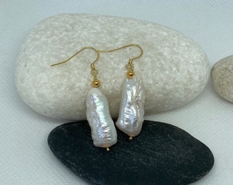 White Stick  Biwa Pearl Gold Earrings Birthstone