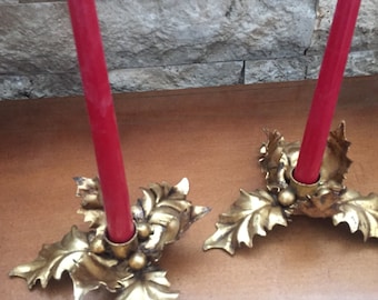 Vintage Florentine  Tole Metal Gold Gilt Candle Stick Holders A Pair