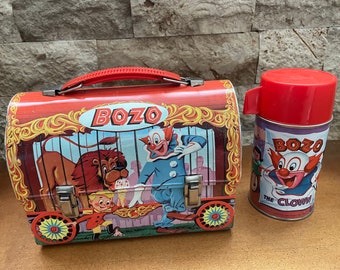 Vintage 1963 Bozo the Clown LunchBox and Thermos Dome Top By Aladdin USA