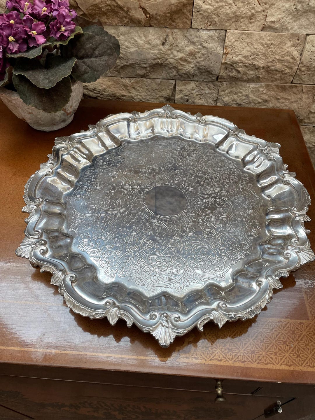 Vintage Silver Plate Salver Made With A Gorgeous Scolloped Shell Edge ...