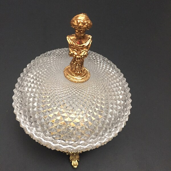 Vintage Style Built Diamond Cut Glass footed Two Piece Trinket Dish/ Cotton Ball Dish