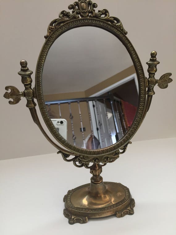 Vintage 1950 S Ornate Oval Swivel Brass Vanity Mirror