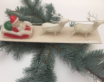 Vintage Celluloid Santa in Sleigh being Pulled by Twin Buck Deers
