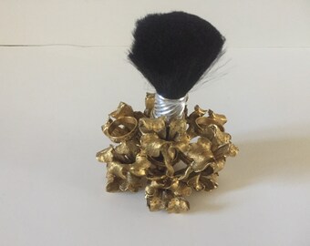 Stunning Vintage Metal Tiger Lily Gold Make-up Brush Holder Holds Three Brushes