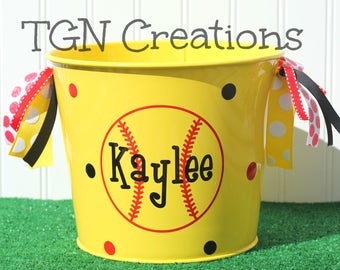 Personalized Metal Softball Baseball Easter Basket, Personalized Easter Basket, Sports Easter Basket Pail,  Softball Baseball Monogram