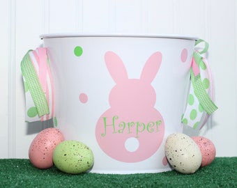Personalized Easter Basket Pail, Monogram Easter Bunny, Boy Girl Easter Basket Pail, Personalized Easter, Easter Egg Hunt, Pink Easter Bunny