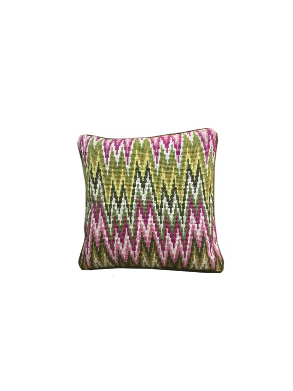 Jonathan Adler Needlepoint Pillow 12x12 Pink And Green Etsy