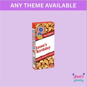 May include: A custom popcorn box with caramel popcorn and peanuts. The box is red and white with the text "Jason's Birthday" and "The Original". The box also has the text "ANY THEME AVAILABLE".