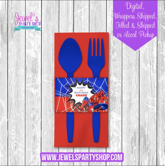 Spiderman Custom Napkin Rings, Printed and Shipped! Custom Utensil Wrappers! Spiderman Party! Il_570xn