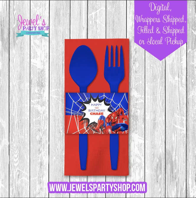 Spiderman Custom Napkin Rings Printed and Shipped Custom Utensil Wrappers Spiderman Party