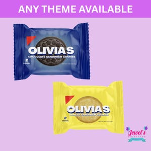 May include: Two individually wrapped cookie packages. One is blue with chocolate sandwich cookies, the other is yellow with vanilla sandwich cookies. The text "OLIVIA'S" is displayed on both packages, along with the text "ANY THEME AVAILABLE".