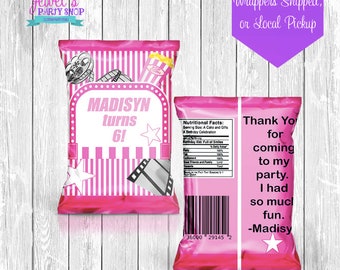 Pink Stripe Movie Unfilled Chip Bags, Printed and Shipped! Custom Chip Bag Wrappers! Movie Theme Chip Bag Favors!