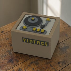 Può includere: Una scatola quadrata color beige con un design di giradischi vintage. Il giradischi ha un disco nero, un braccio giallo e pulsanti gialli. La parola "VINTAGE" è visualizzata in lettere gialle sulla parte anteriore della scatola.