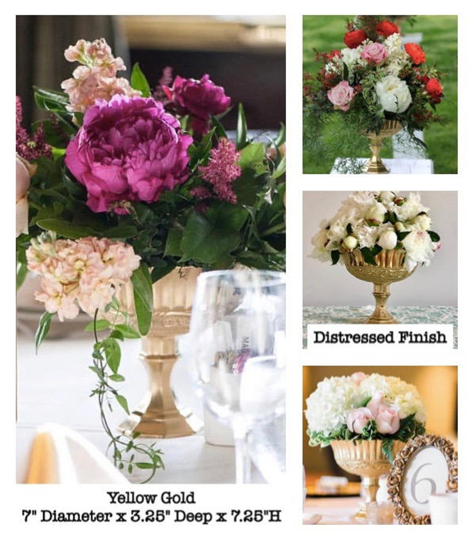 Gold Goblet / Bouquet / Wedding Flowers / Gold Pedestal Vase / Etsy