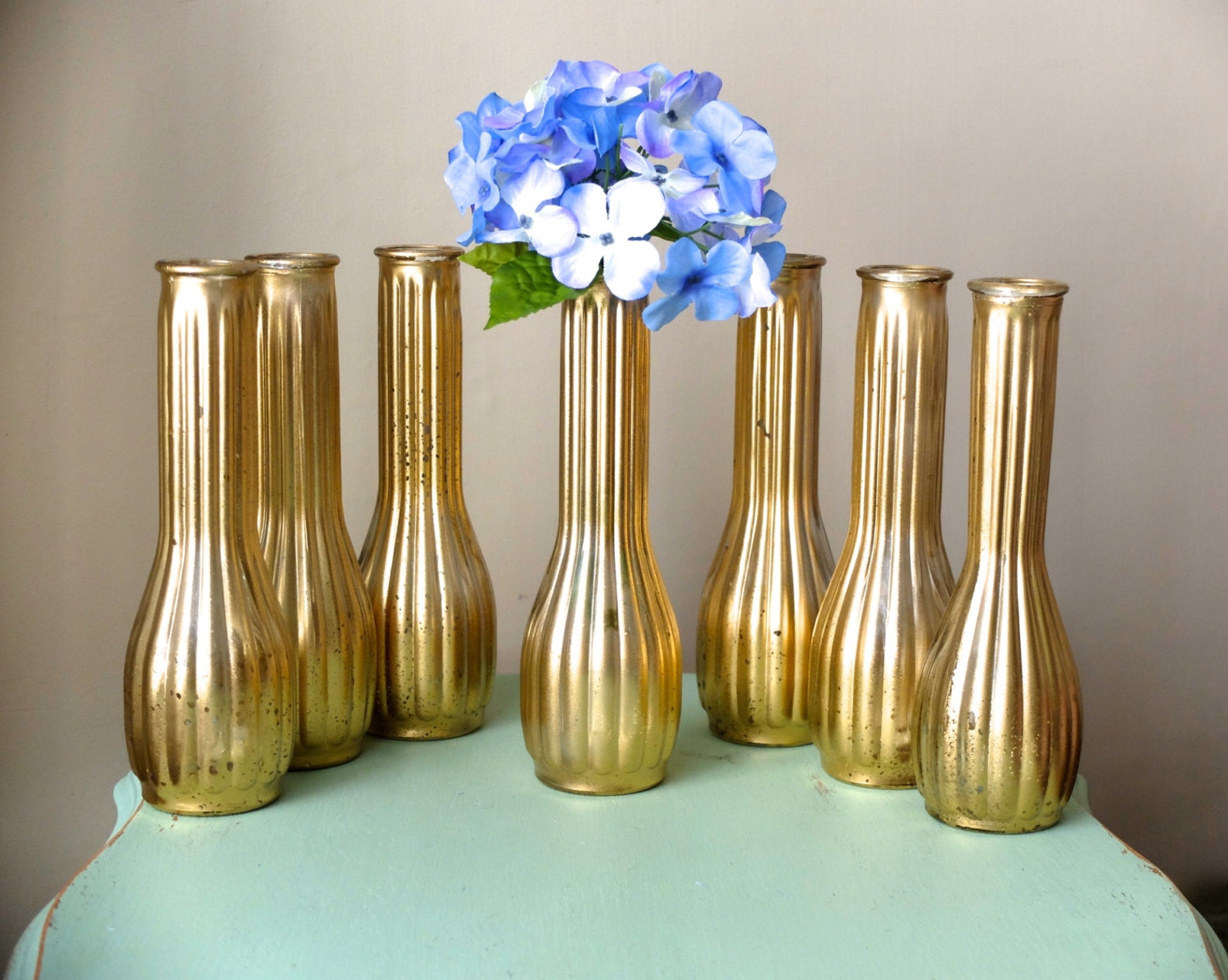Beautiful Set of 7 Metallic Yellow Distressed Gold Tall Vases Wedding