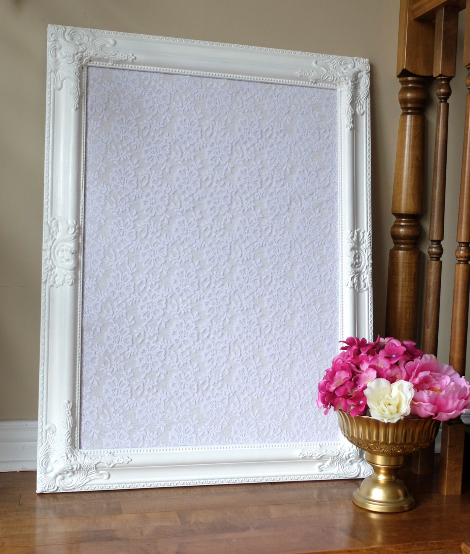 Intricate White Framed Corkboard Cork Board Lace Fabric Etsy