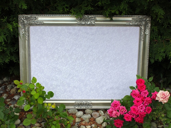 Antique Intricate Silver Gold Framed Burlap Corkboard Cork Board Lace Fabric Seating Chart Escort Cards Wedding Decor