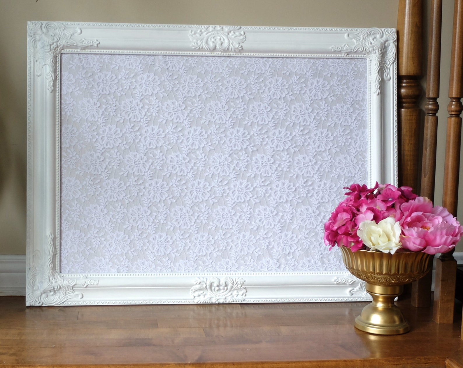 Intricate White Framed Corkboard Cork Board Lace Fabric Etsy
