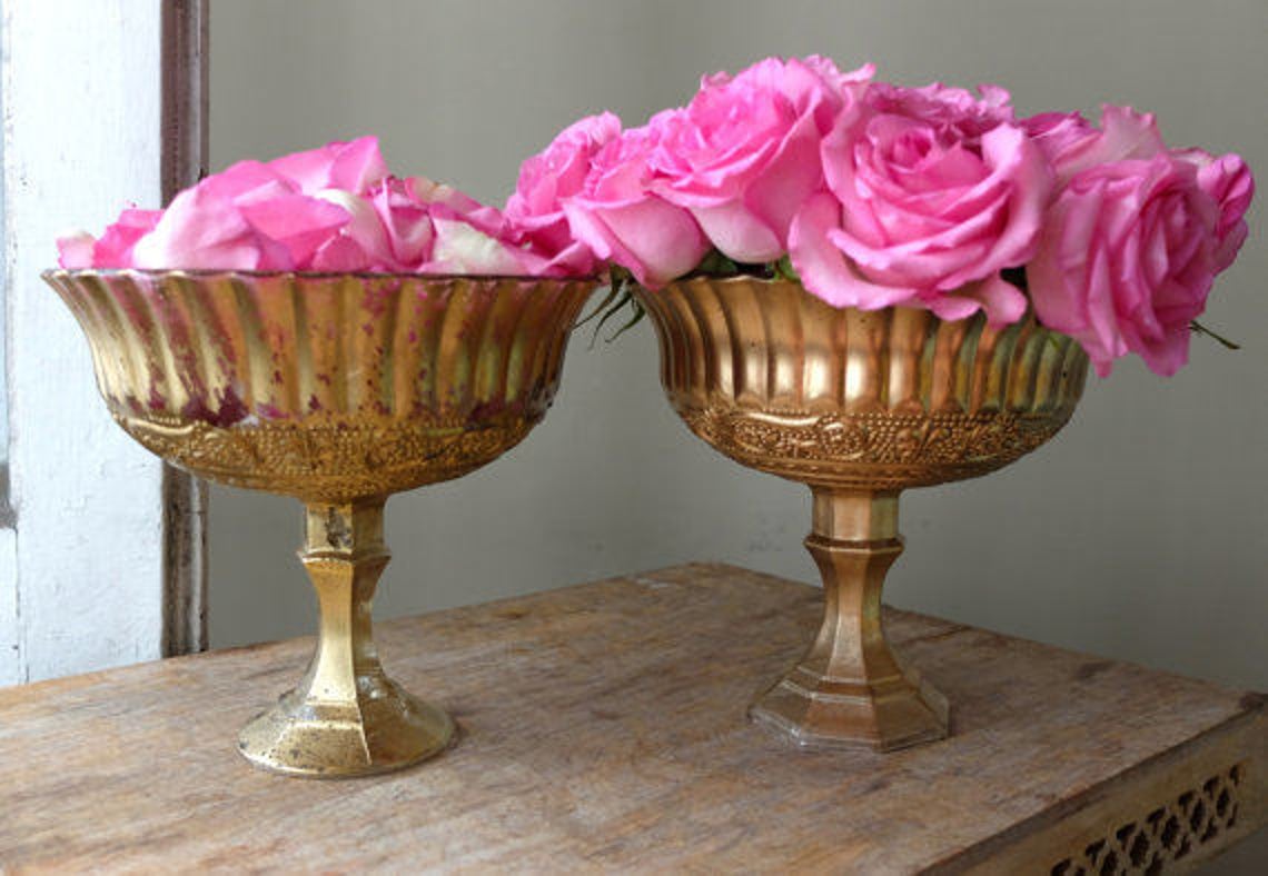 Distressed Metallic Yellow Gold Tall Glass Vase Gold Wedding Etsy