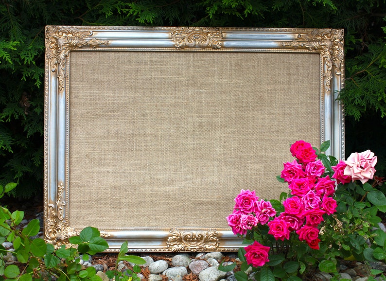 Antique Intricate Silver Gold Framed Burlap Corkboard Cork Board Lace Fabric Seating Chart Escort Cards Wedding Decor